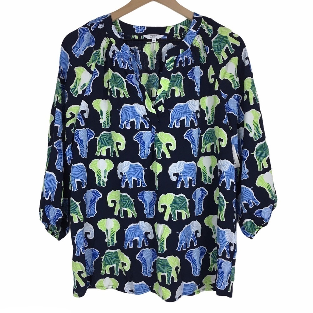 CROWN & IVY Top Blouse Elephants Split V Neck 3/4 Sleeve Navy Size Large NWT